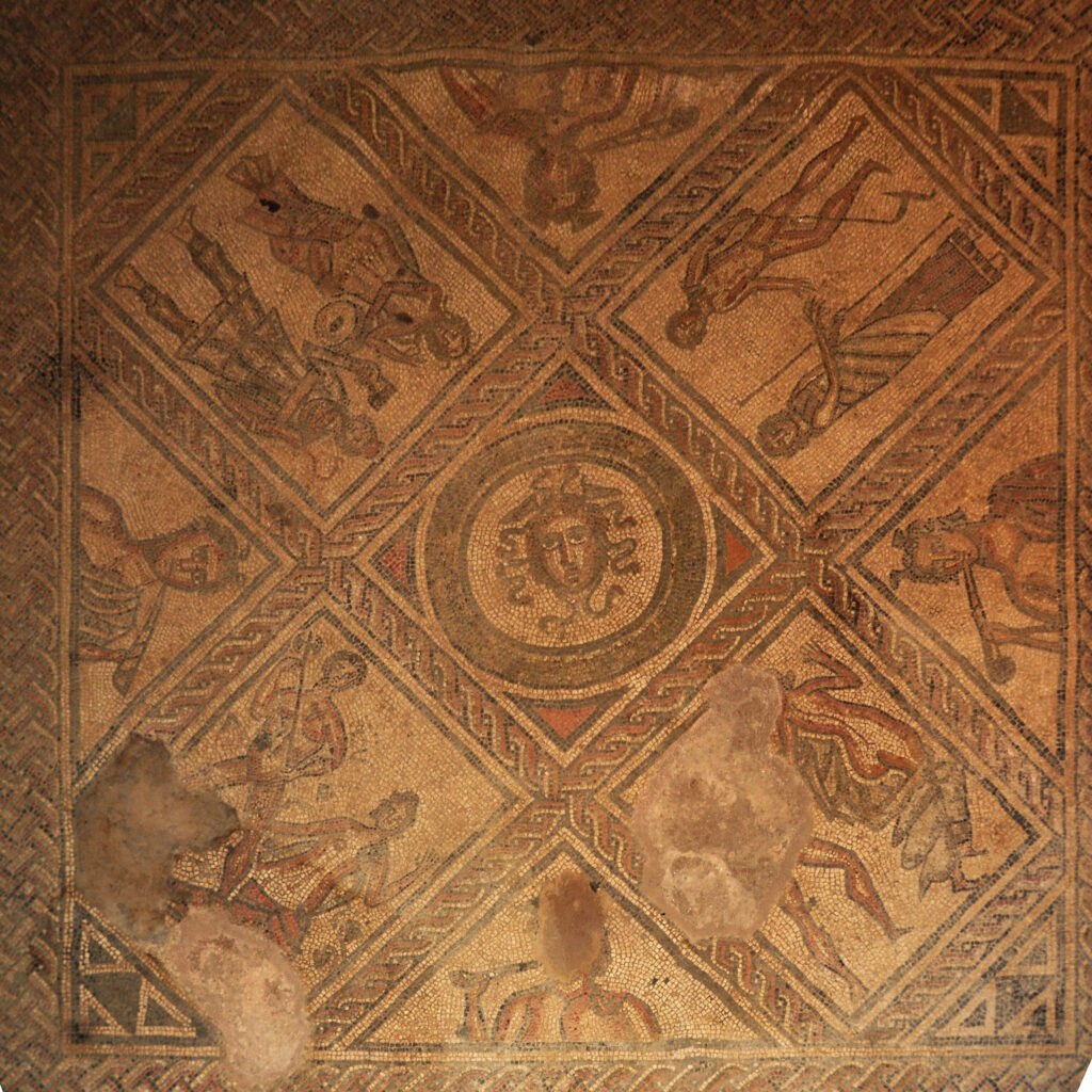 Roman mosaic floor at Brading Roman Villa, viewed from above.