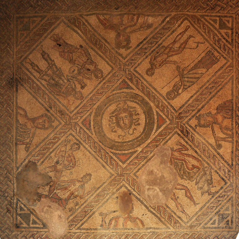 Roman mosaic floor at Brading Roman Villa, viewed from above.