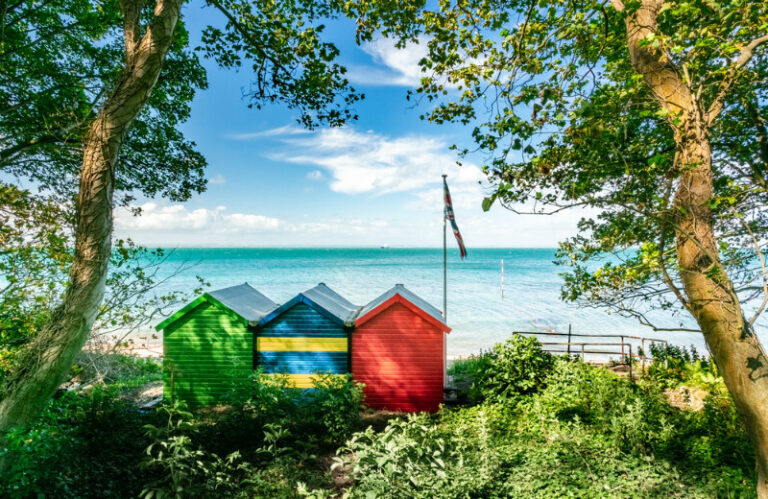 Beach huts at Bembridge Beach on the Isle of Wight.