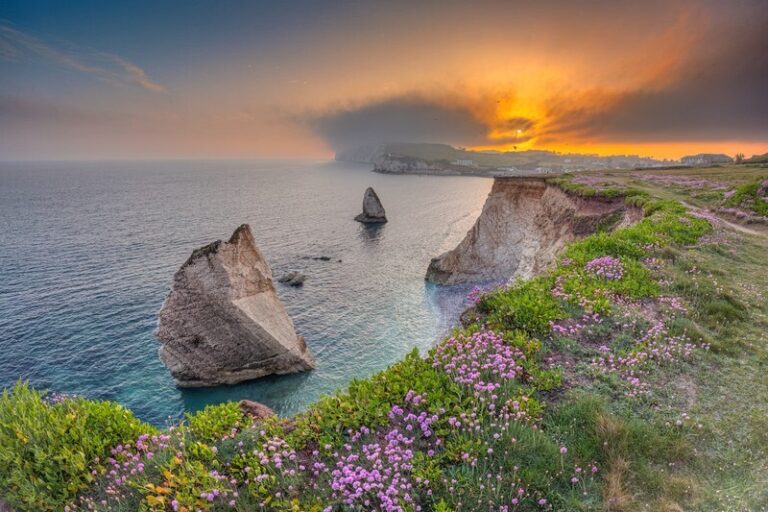 View across Freshwater Bay on the Isle of Wight at sunset.